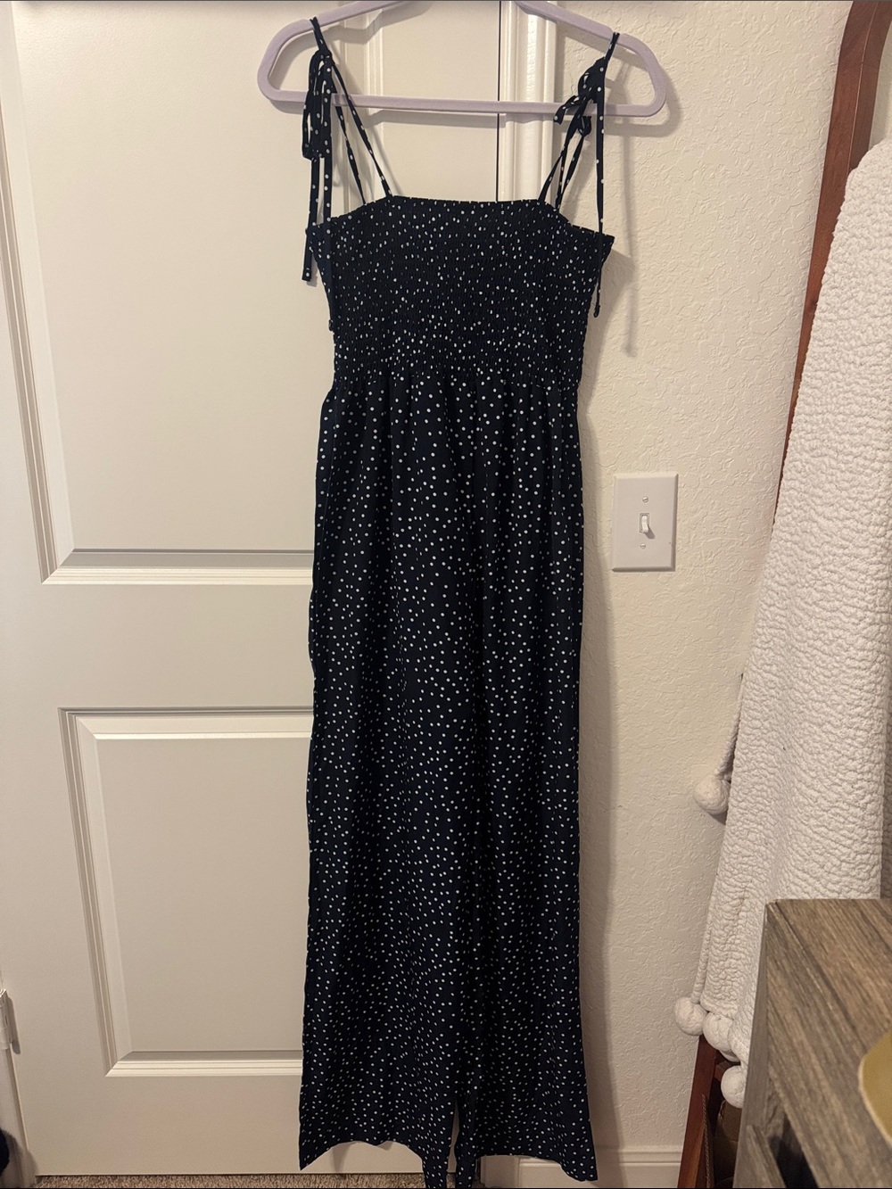 Black Polka Dot Smocked Maxi Dress with Tie Straps